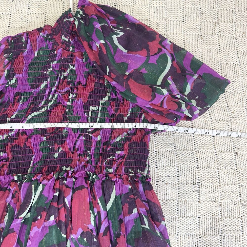 MISA Los Angeles Jessa Dress S Pink Purple Floral Lurex Smocked Mini Mock Neck - Picture 6 of 10